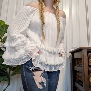 Line & Dot Revolve White Ruffle Bell Sleeve Cold Shoulder Top NWT